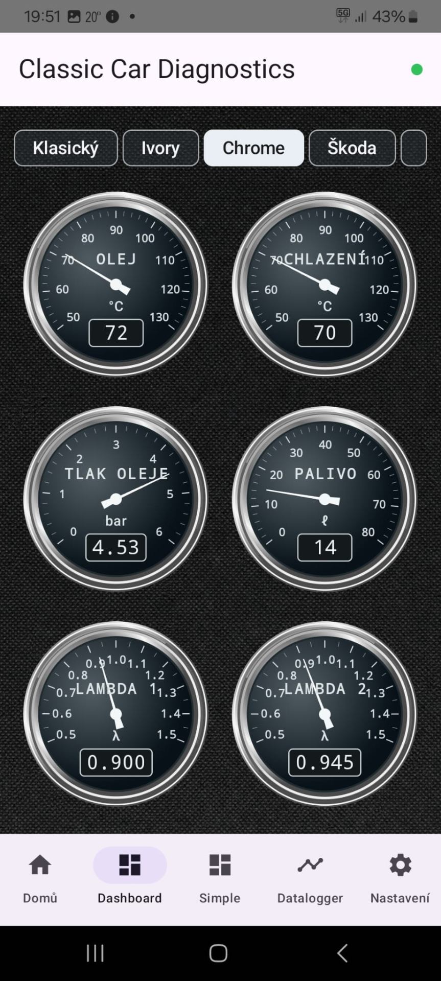 AUGEMO app dashboard with six chrome gauges: oil, coolant, oil pressure, fuel and two lambda readings