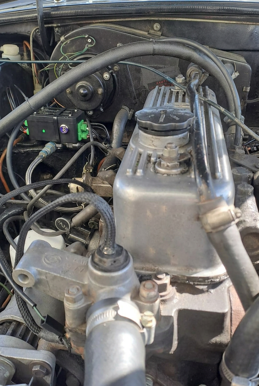 AUGEMO monitoring unit installed in a classic engine bay